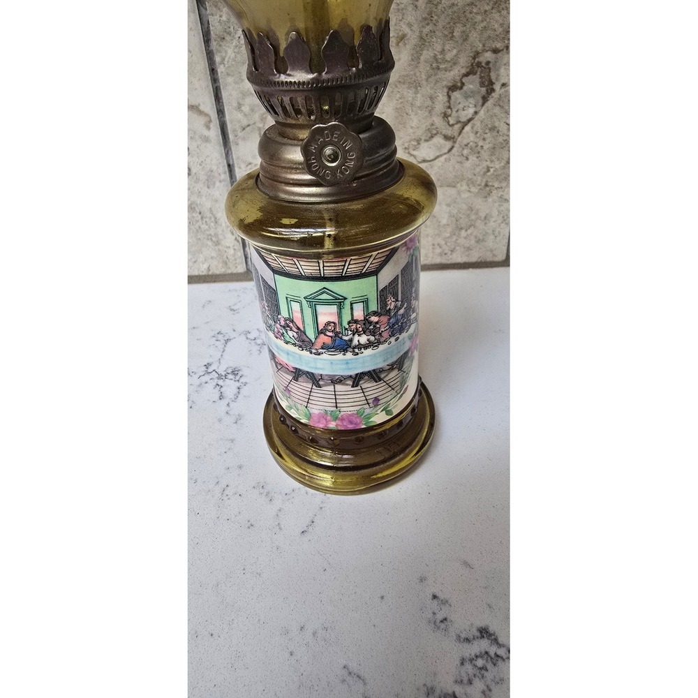 Vintage Amber Glass Last Supper Oil Lamp Made in Hong Kong Religious Decor